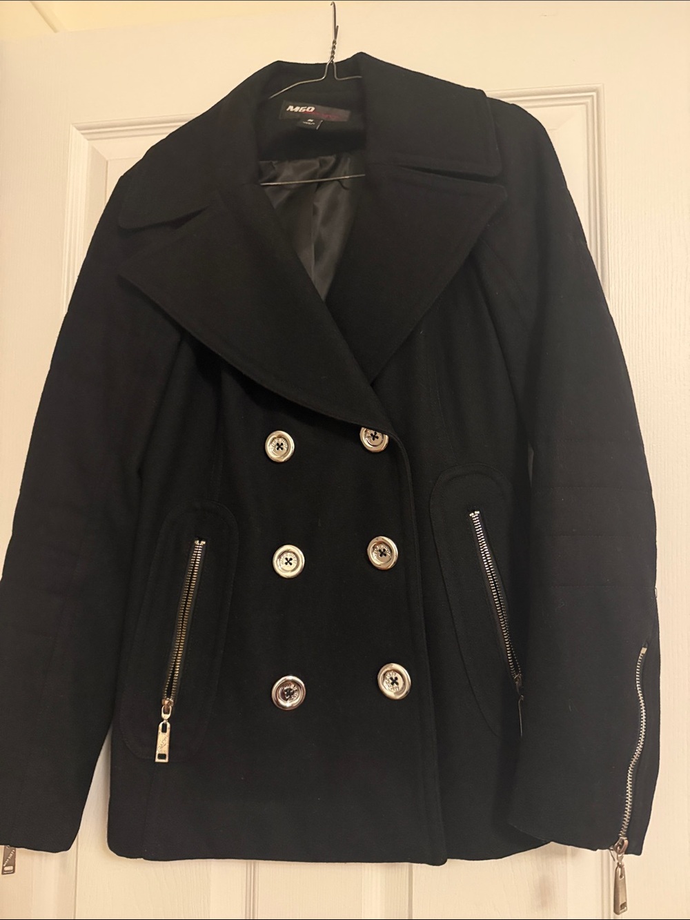 Miss Sixty Black Double-Breasted Peacoat with Silver Buttons
